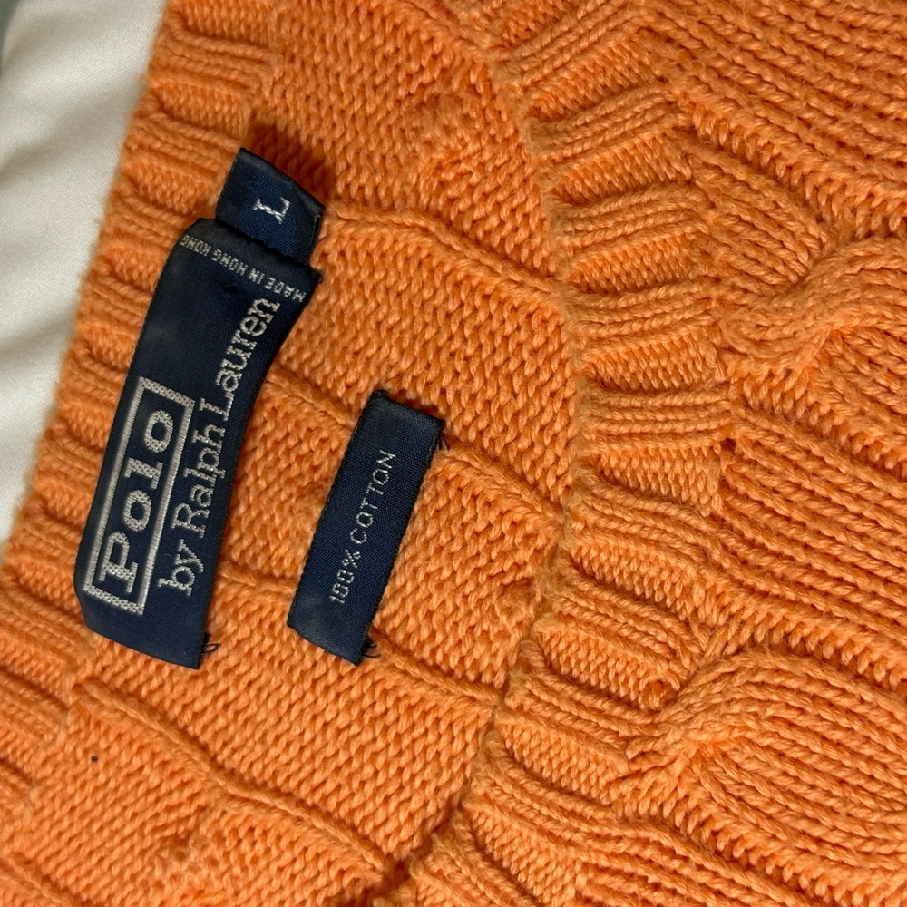 Ralph Lauren Orange Cable-Knit Crewneck Sweater with Green Polo Pony - Picture 3 of 4